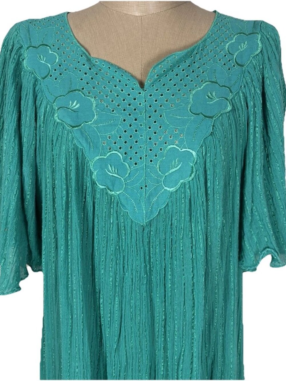 Peasant Cotton Gauze Dress Floral Embroidery Turquoise Blue Size Large-XXL Vtg